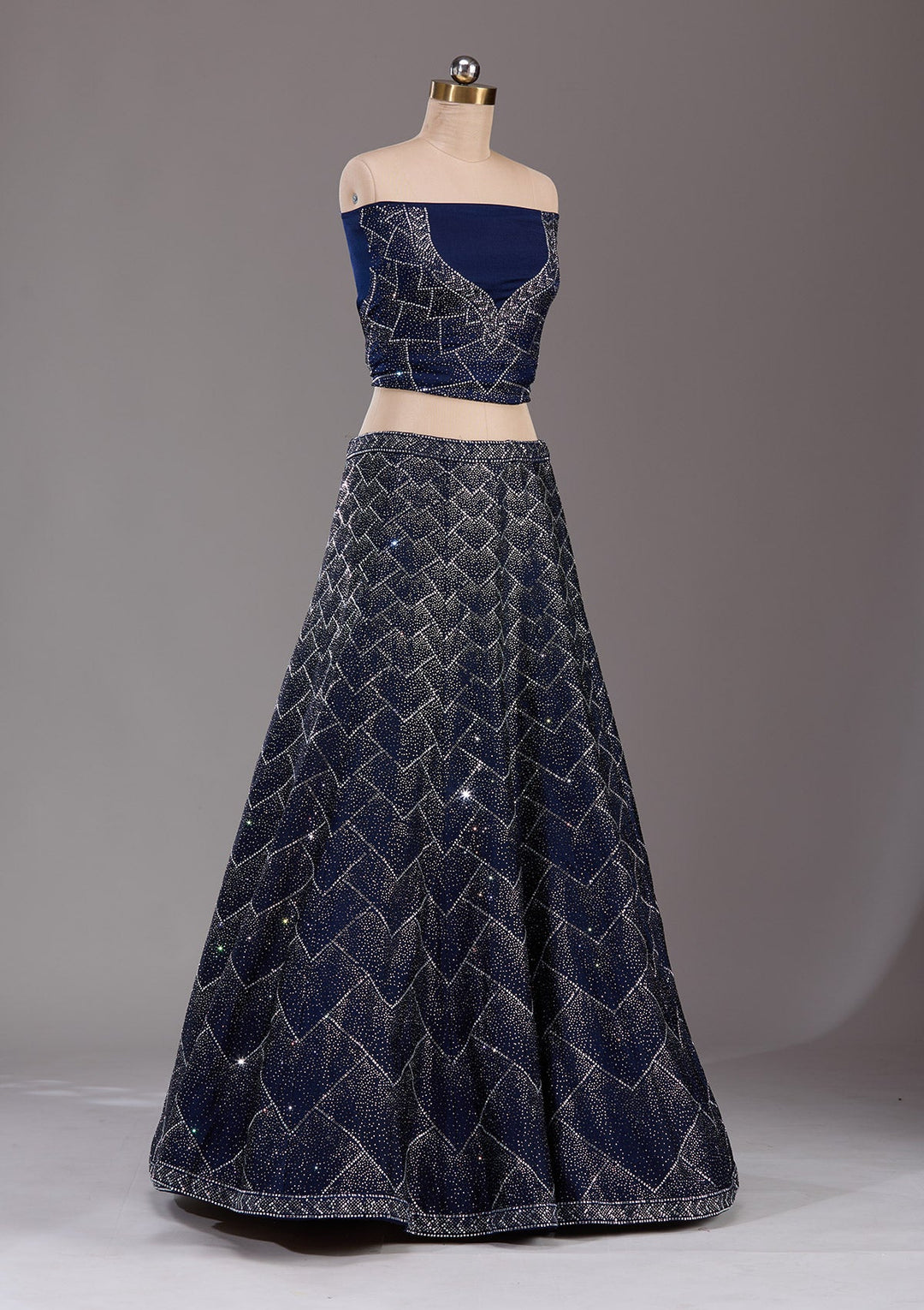 Navy Blue Silver Stonework Semi Crepe Readymade Lehenga-Koskii
