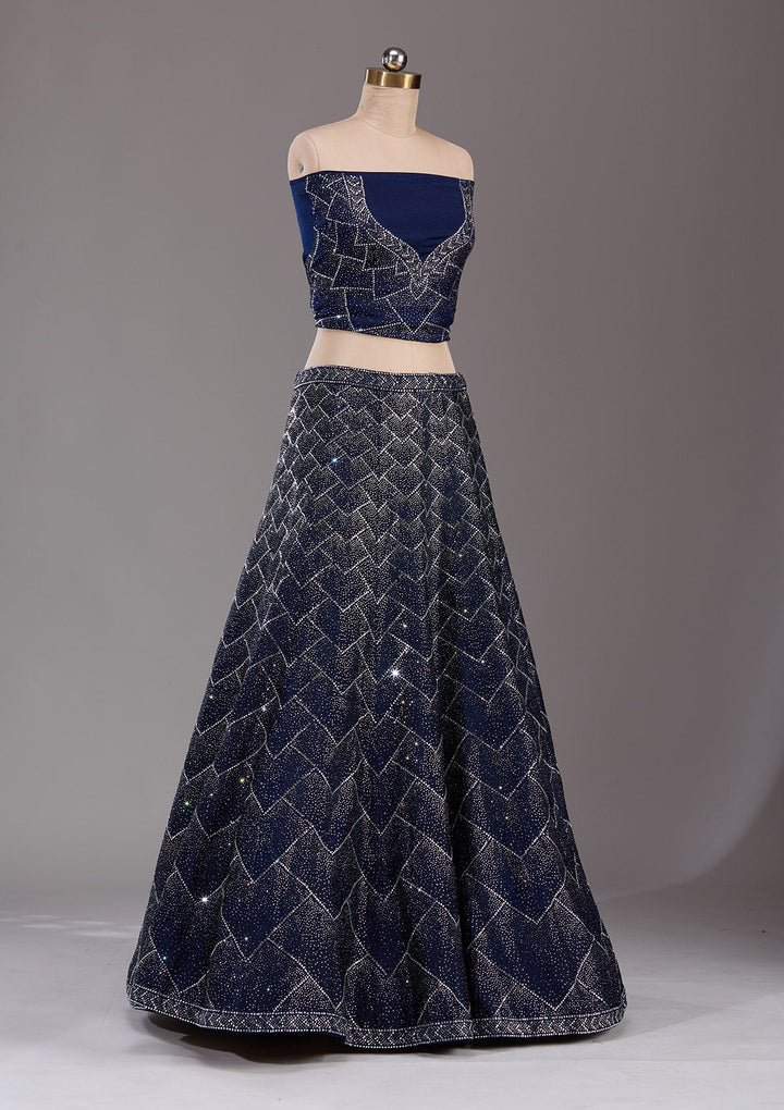Navy Blue Silver Stonework Semi Crepe Readymade Lehenga-Koskii