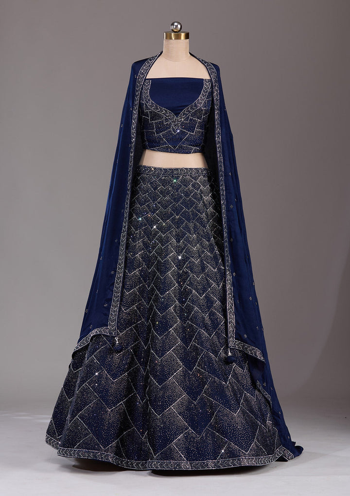Navy Blue Silver Stonework Semi Crepe Readymade Lehenga-Koskii
