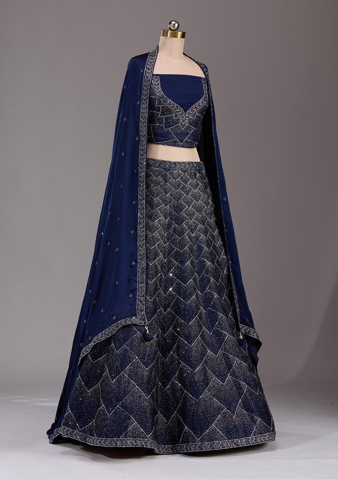 Navy Blue Silver Stonework Semi Crepe Readymade Lehenga-Koskii