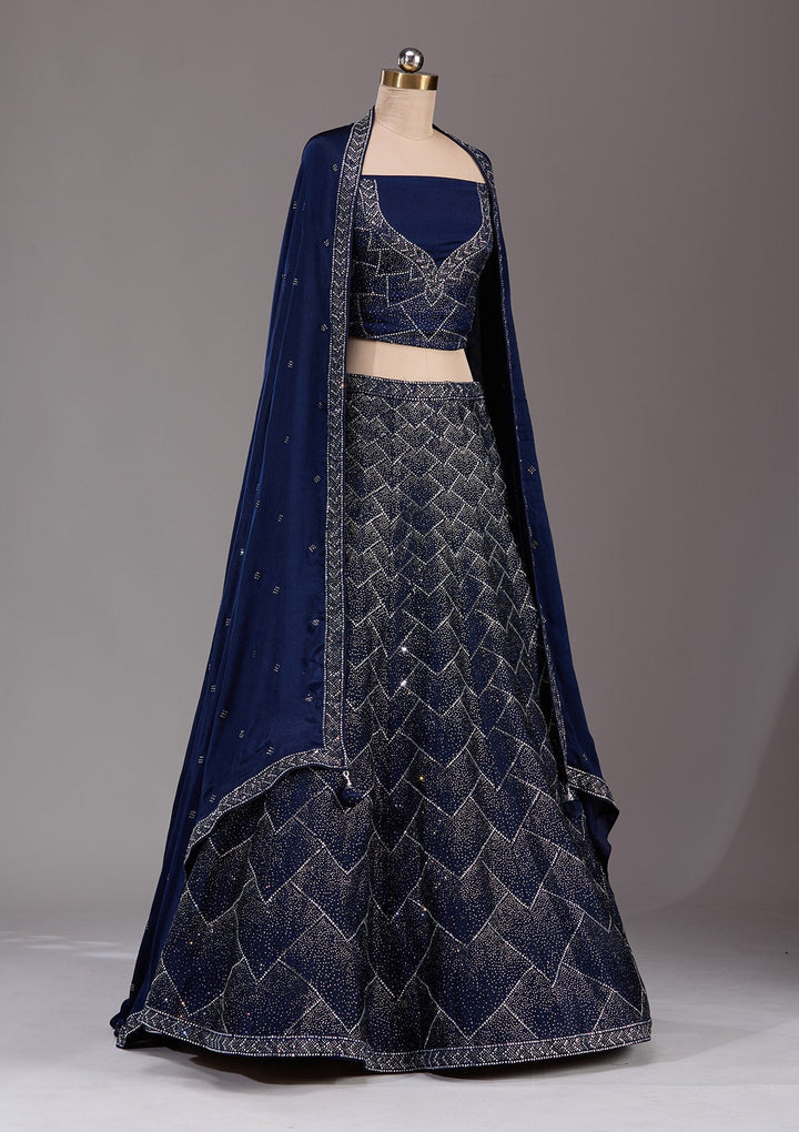 Navy Blue Silver Stonework Semi Crepe Readymade Lehenga-Koskii