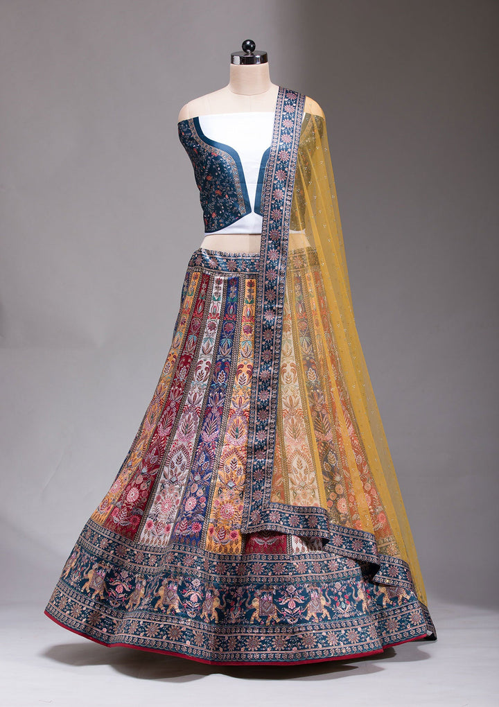 Navy Blue Swarovski Raw Silk Readymade Lehenga-koskii