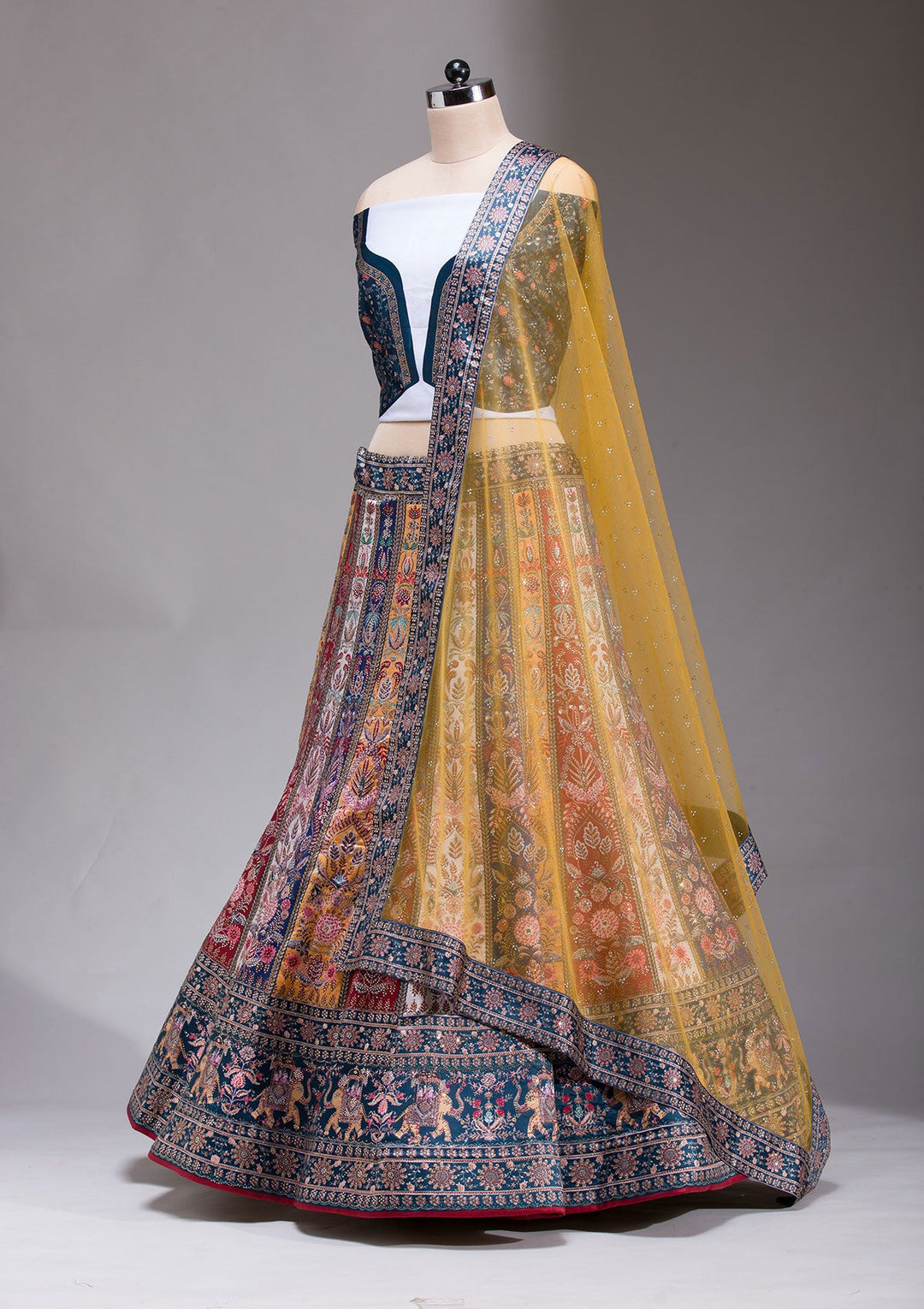 Navy Blue Swarovski Raw Silk Readymade Lehenga-koskii