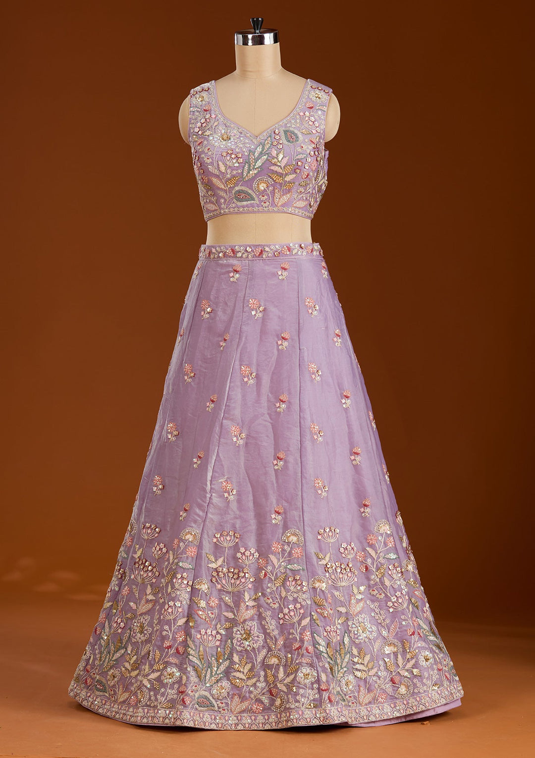 Purple Threadwork Tissue Readymade Lehenga-koskii