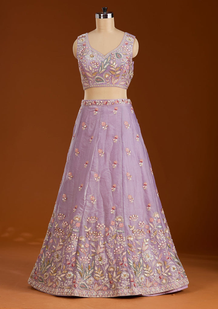 Purple Threadwork Tissue Readymade Lehenga-koskii