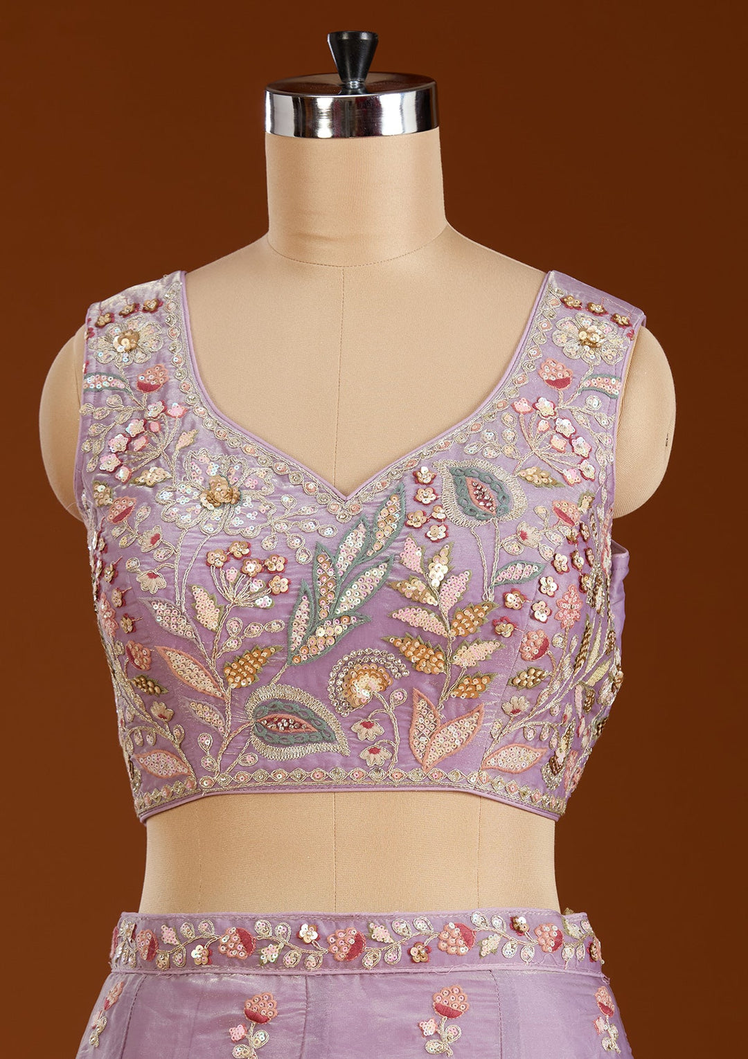 Purple Threadwork Tissue Readymade Lehenga-koskii