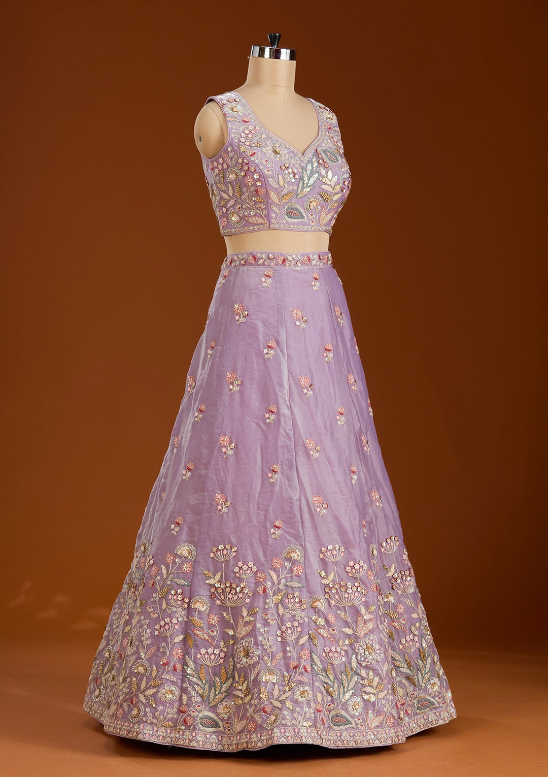 Purple Threadwork Tissue Readymade Lehenga-koskii