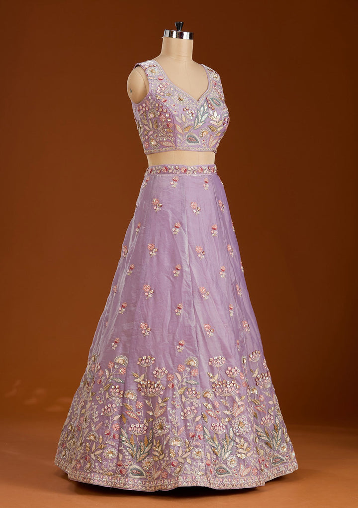 Purple Threadwork Tissue Readymade Lehenga-koskii