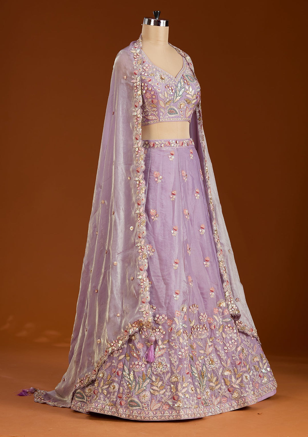 Purple Threadwork Tissue Readymade Lehenga-koskii