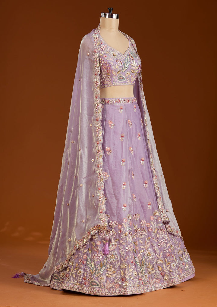 Purple Threadwork Tissue Readymade Lehenga-koskii