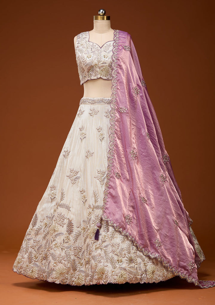 Cream Cording Semi Crepe Readymade Lehenga_Koskii