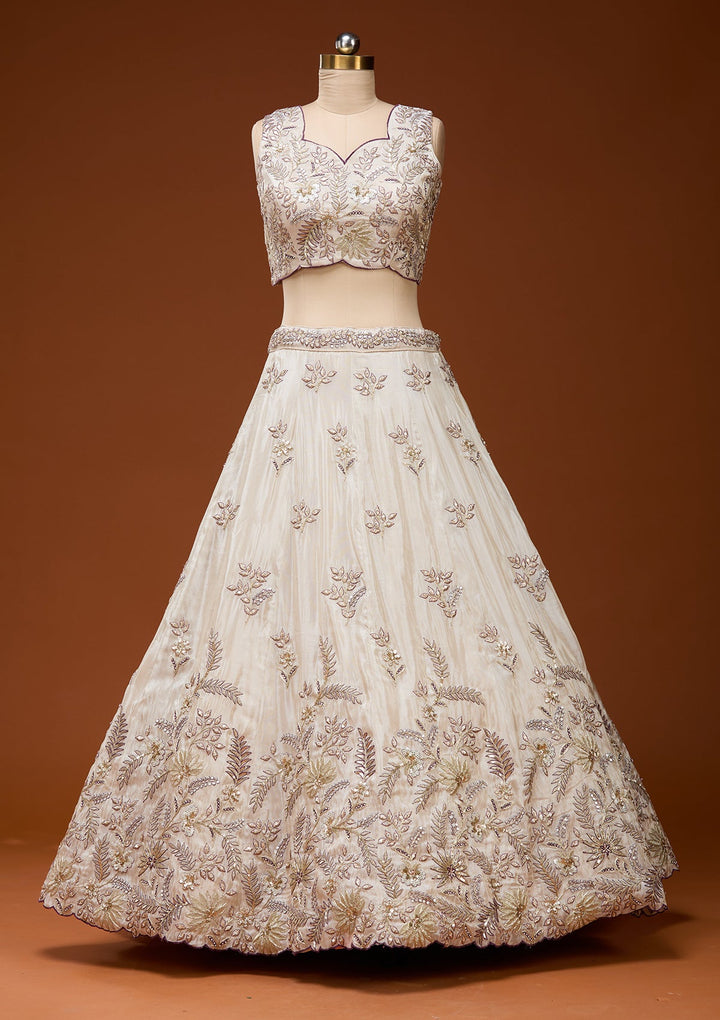 Cream Cording Semi Crepe Readymade Lehenga_Koskii