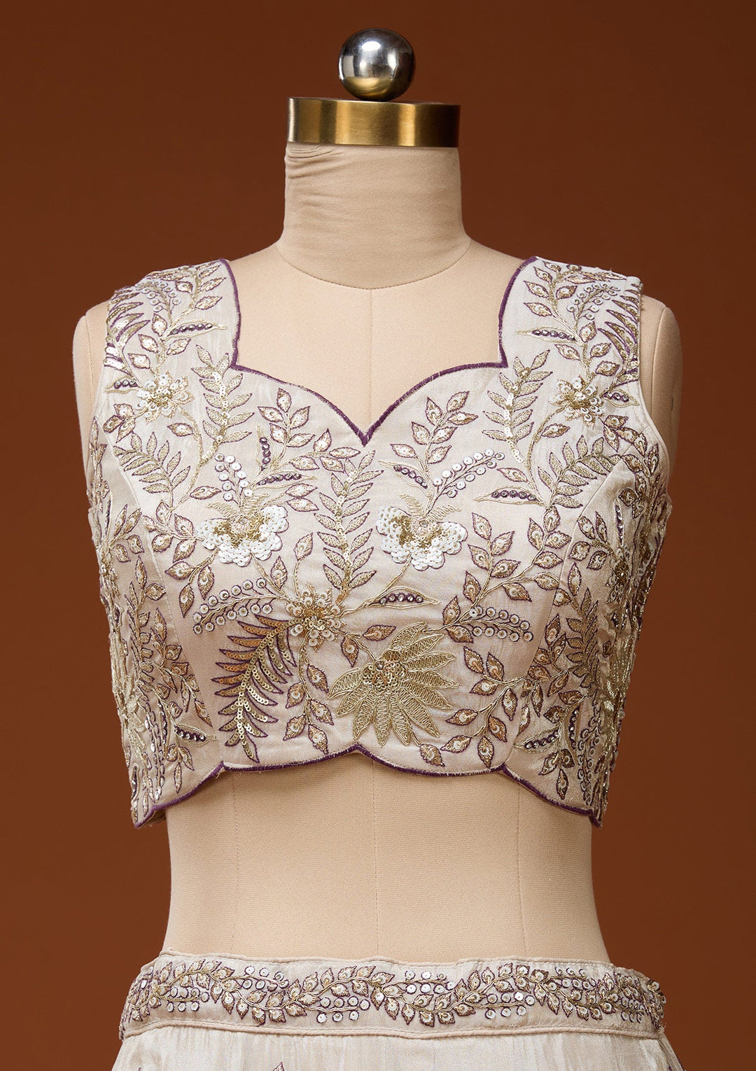 Cream Cording Semi Crepe Readymade Lehenga_Koskii