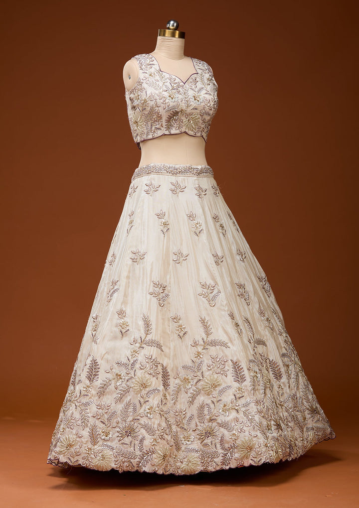 Cream Cording Semi Crepe Readymade Lehenga_Koskii