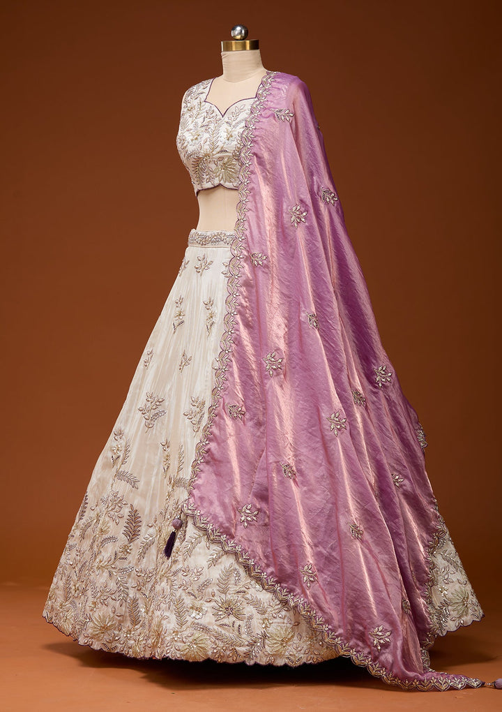 Cream Cording Semi Crepe Readymade Lehenga_Koskii