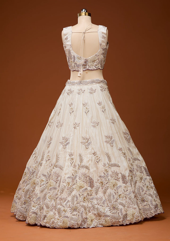 Cream Cording Semi Crepe Readymade Lehenga_Koskii