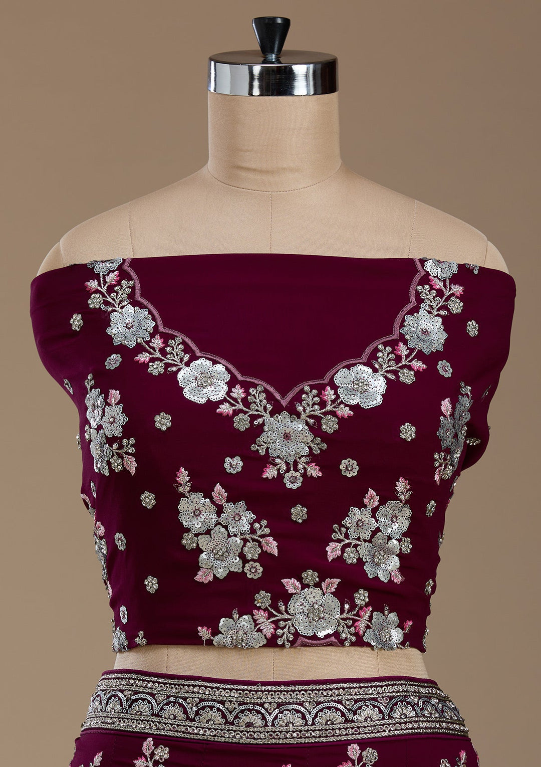 Wine Sequins Georgette Semi-Stitched Lehenga-koskii