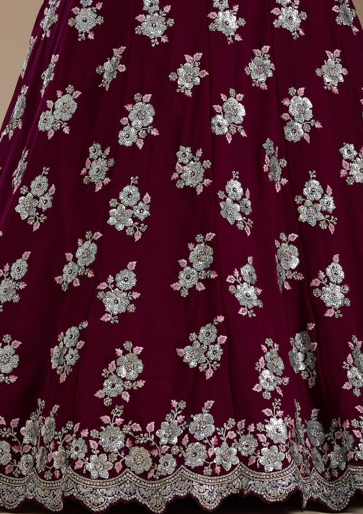 Wine Sequins Georgette Semi-Stitched Lehenga-koskii