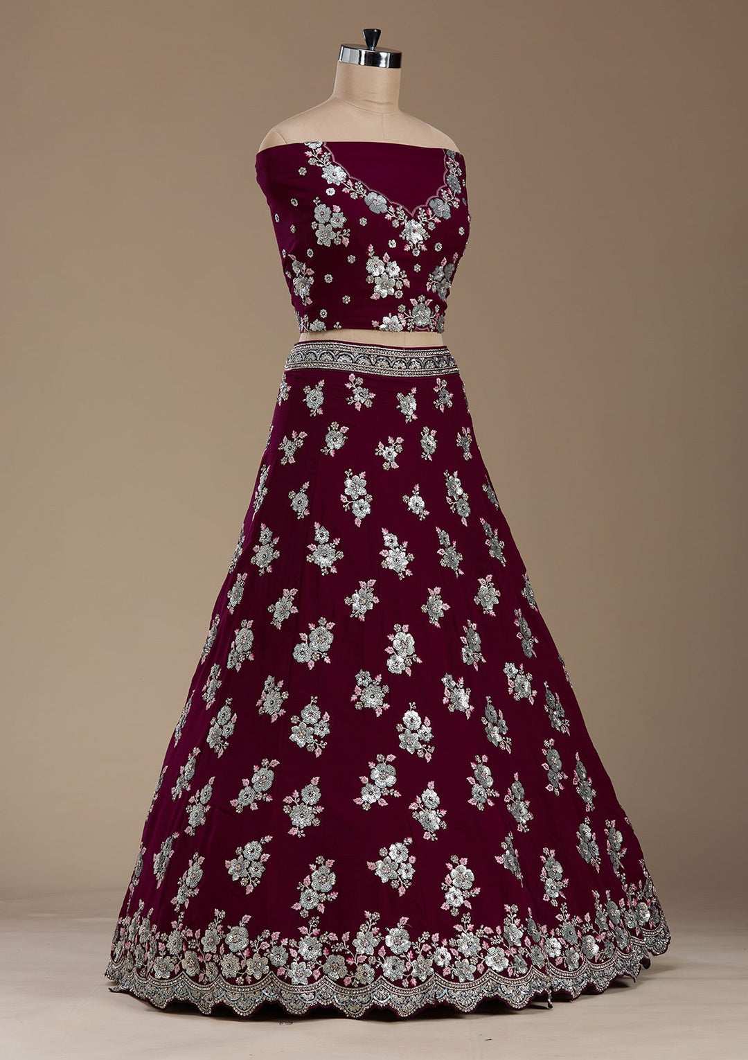 Wine Sequins Georgette Semi-Stitched Lehenga-koskii