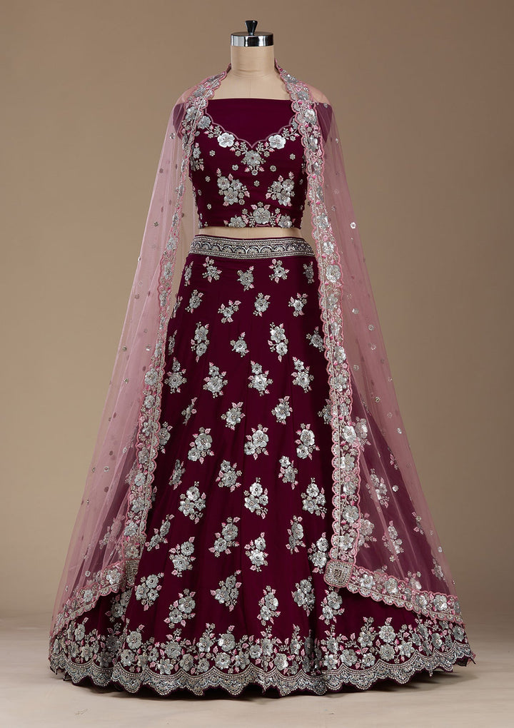 Wine Sequins Georgette Semi-Stitched Lehenga-koskii