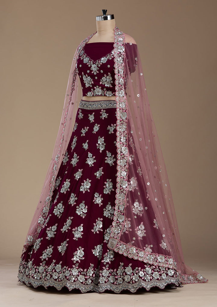 Wine Sequins Georgette Semi-Stitched Lehenga-koskii