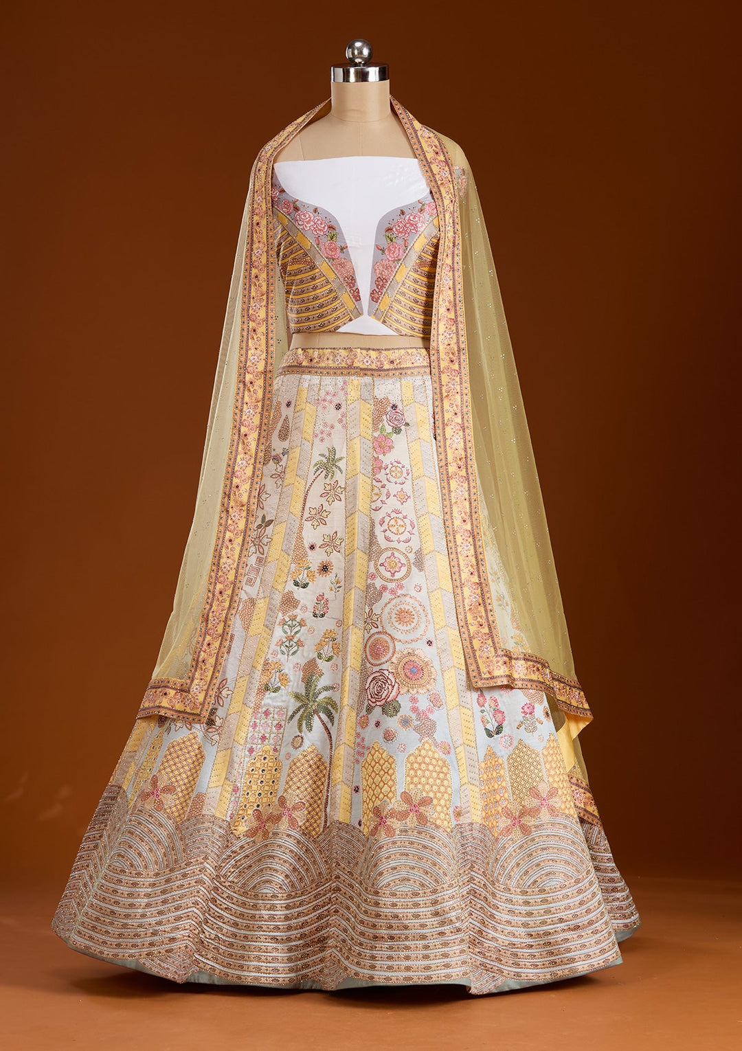 Yellow Stonework Soft Raw Silk Semi-Stitched Lehenga-koskii