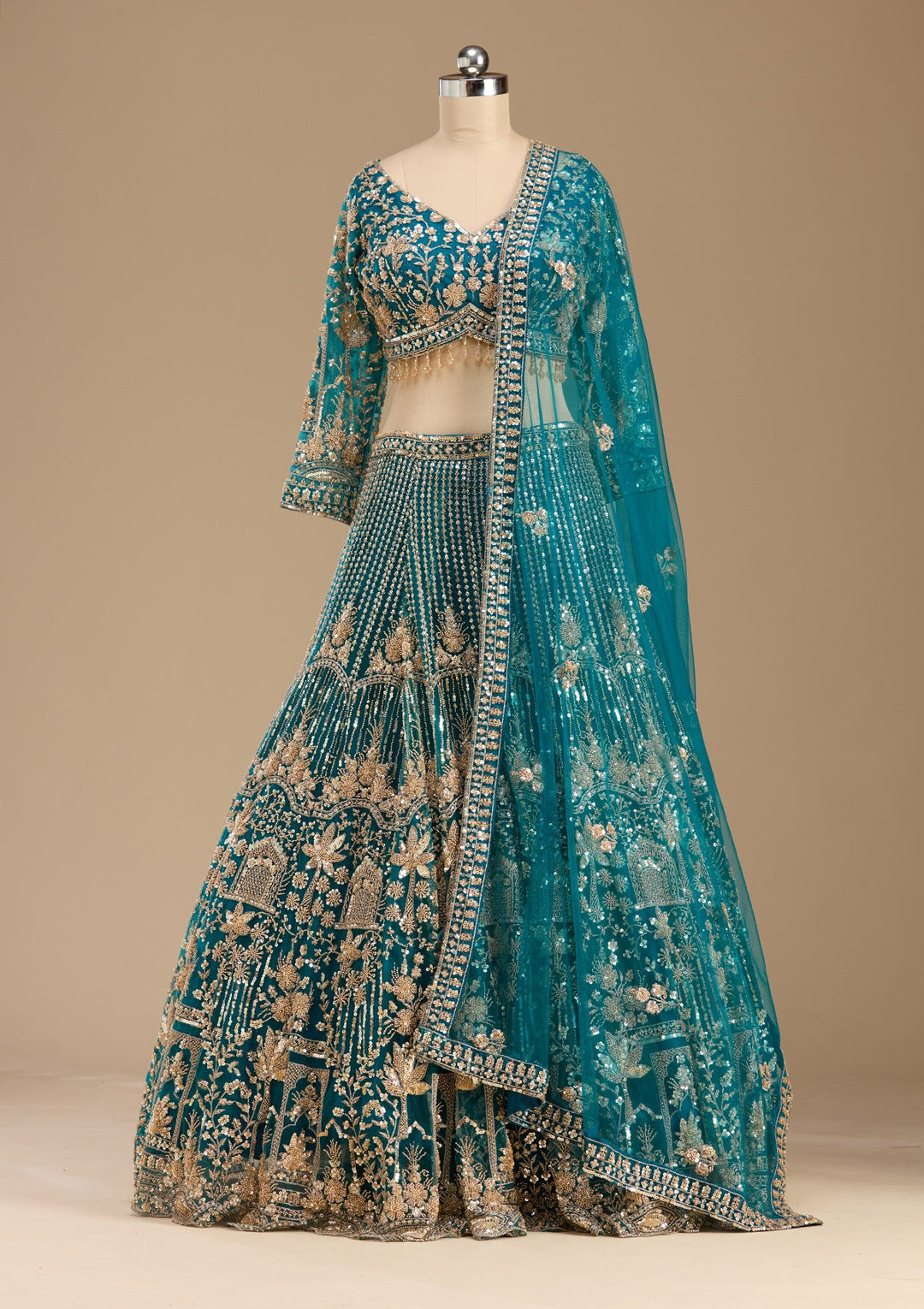 Peacock Blue Cutdana Net Readymade Lehenga-koskii