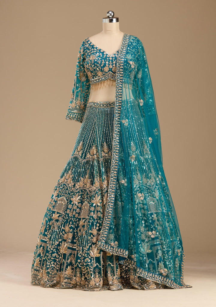 Peacock Blue Cutdana Net Readymade Lehenga-koskii