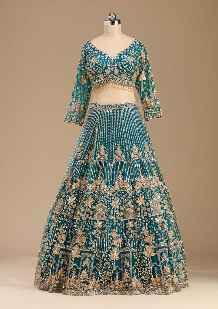 Peacock Blue Cutdana Net Readymade Lehenga-koskii