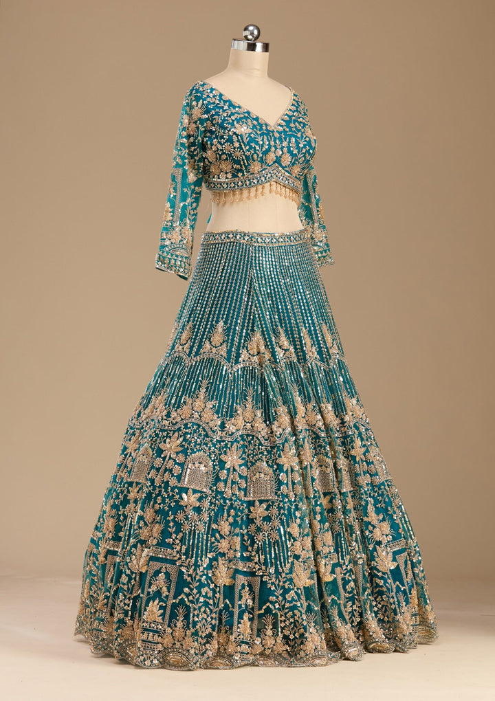 Peacock Blue Cutdana Net Readymade Lehenga-koskii