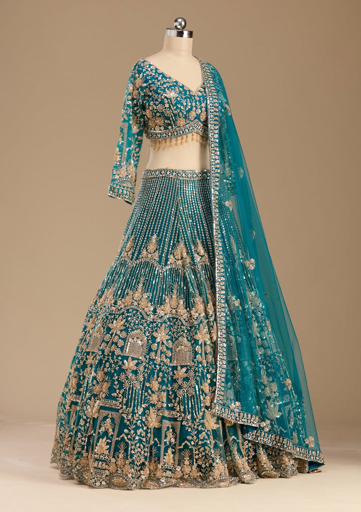 Peacock Blue Cutdana Net Readymade Lehenga-koskii