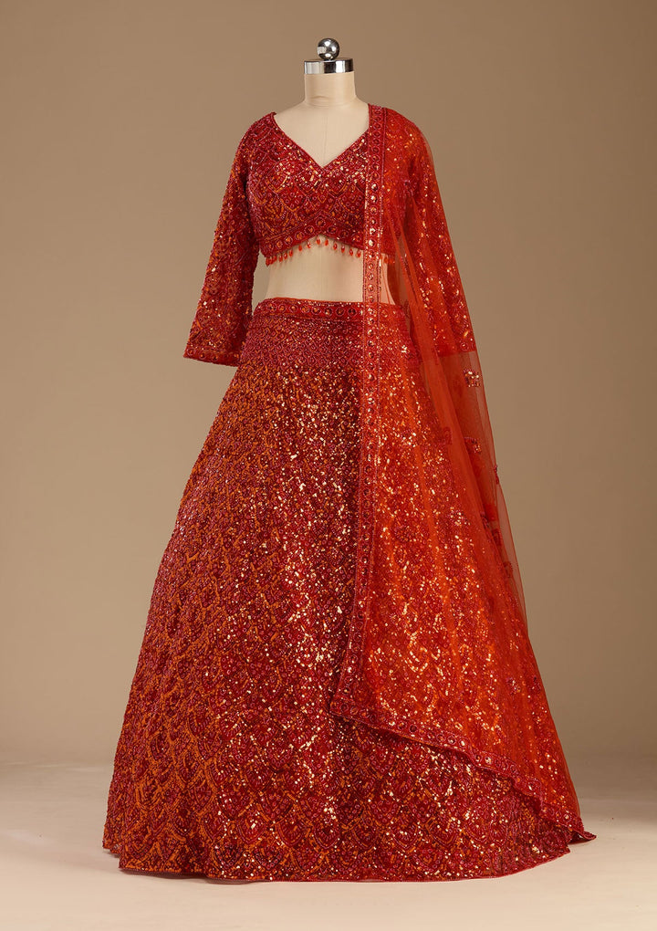 Orange Sequins Net Readymade Lehenga-koskii