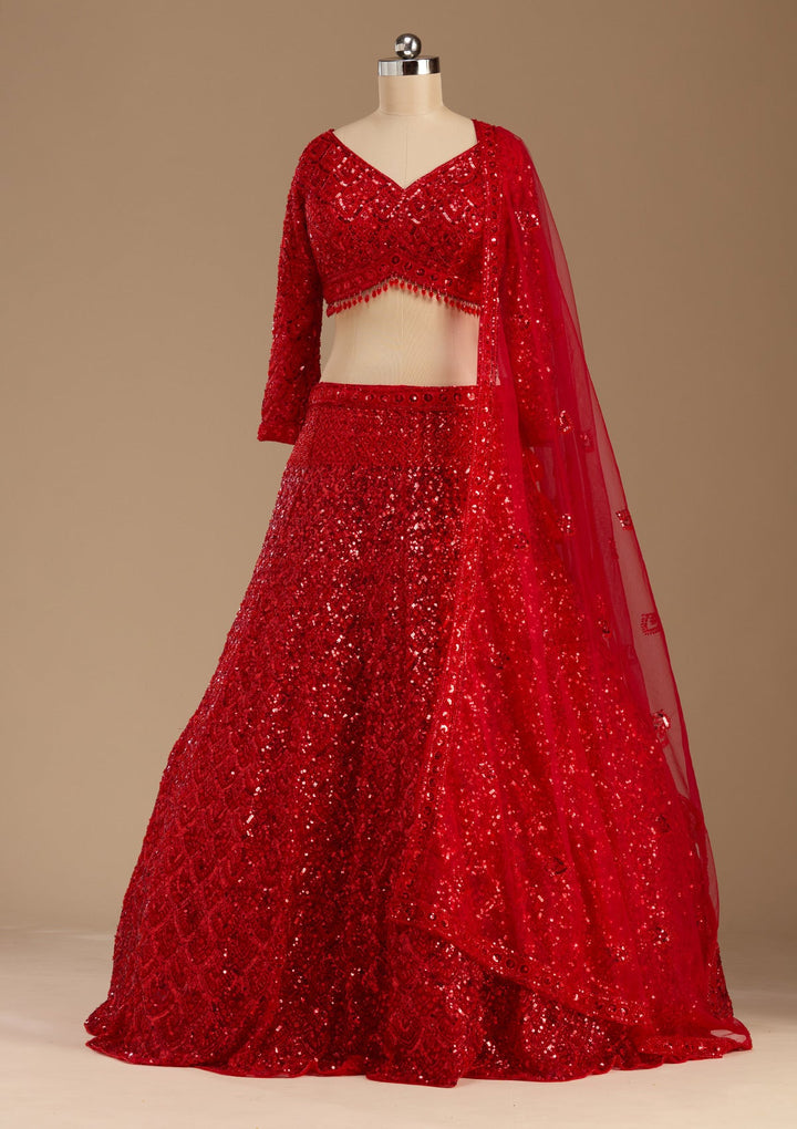Red Sequins Net Readymade Lehenga-koskii