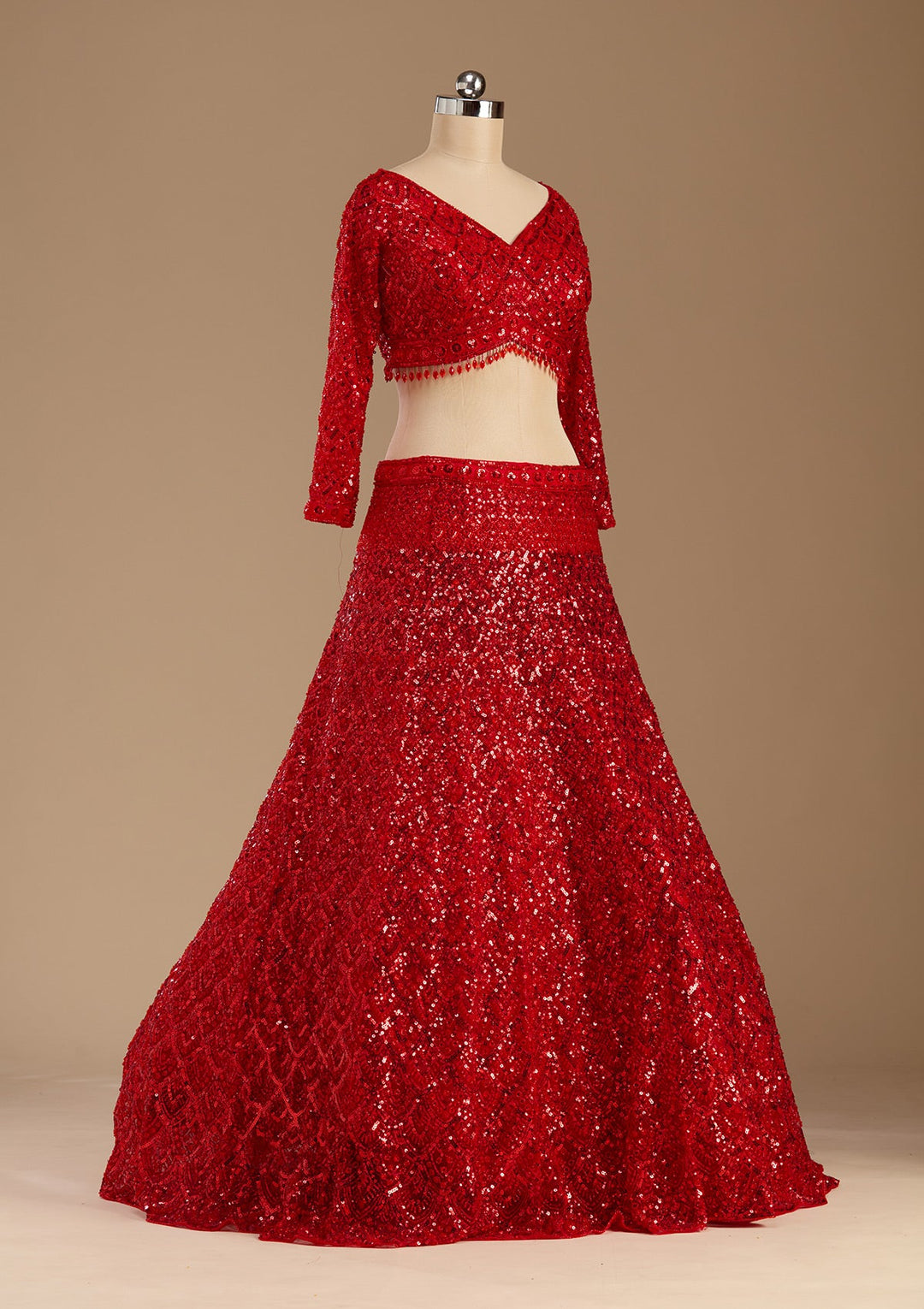 Red Sequins Net Readymade Lehenga-koskii