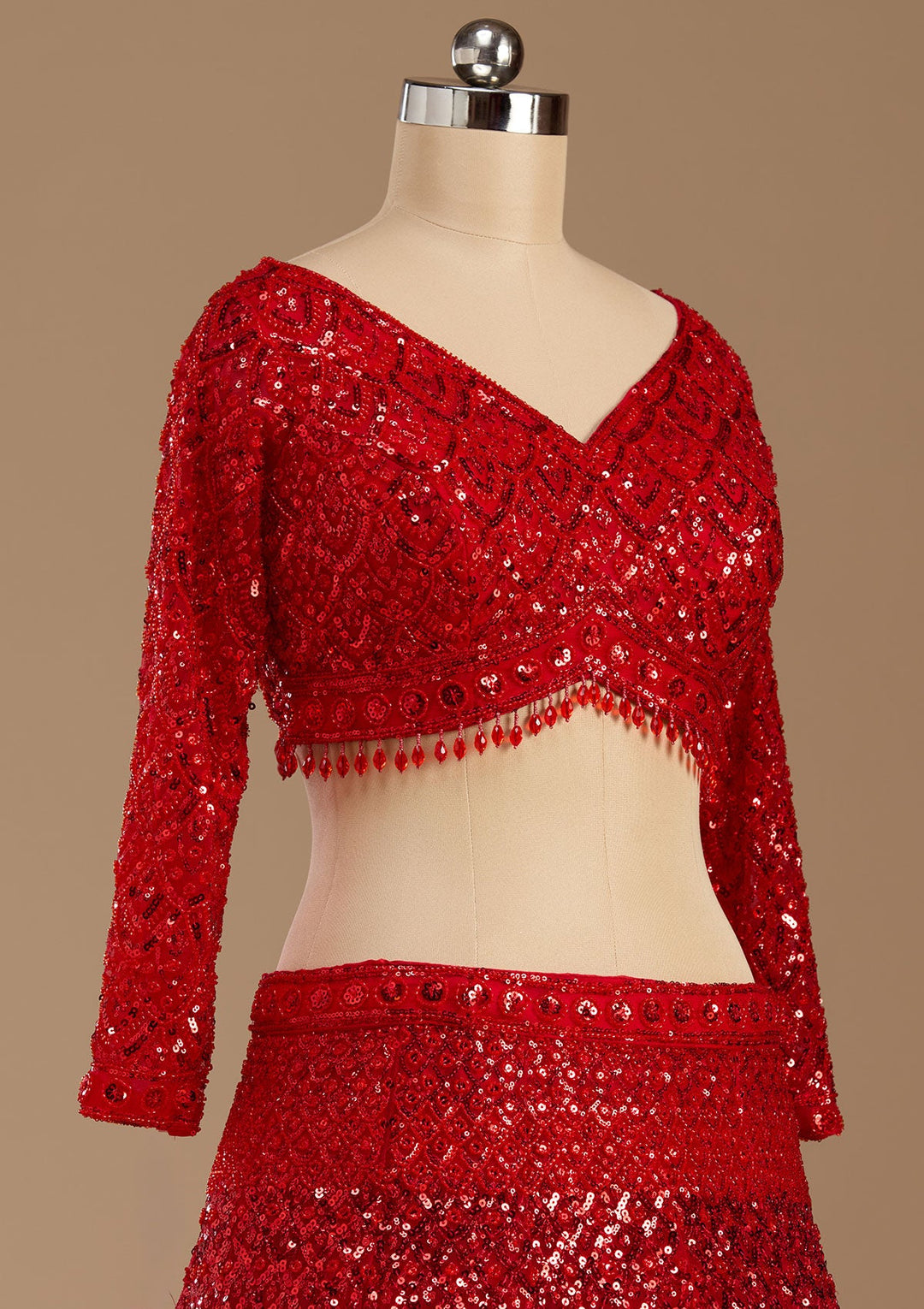 Red Sequins Net Readymade Lehenga-koskii