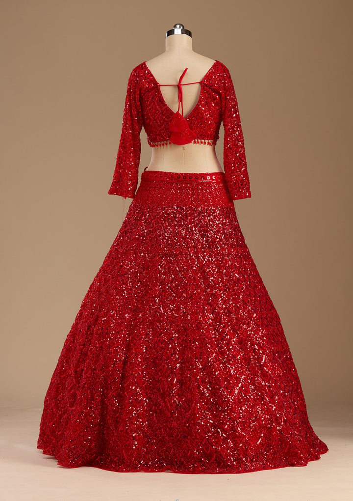 Red Sequins Net Readymade Lehenga-koskii