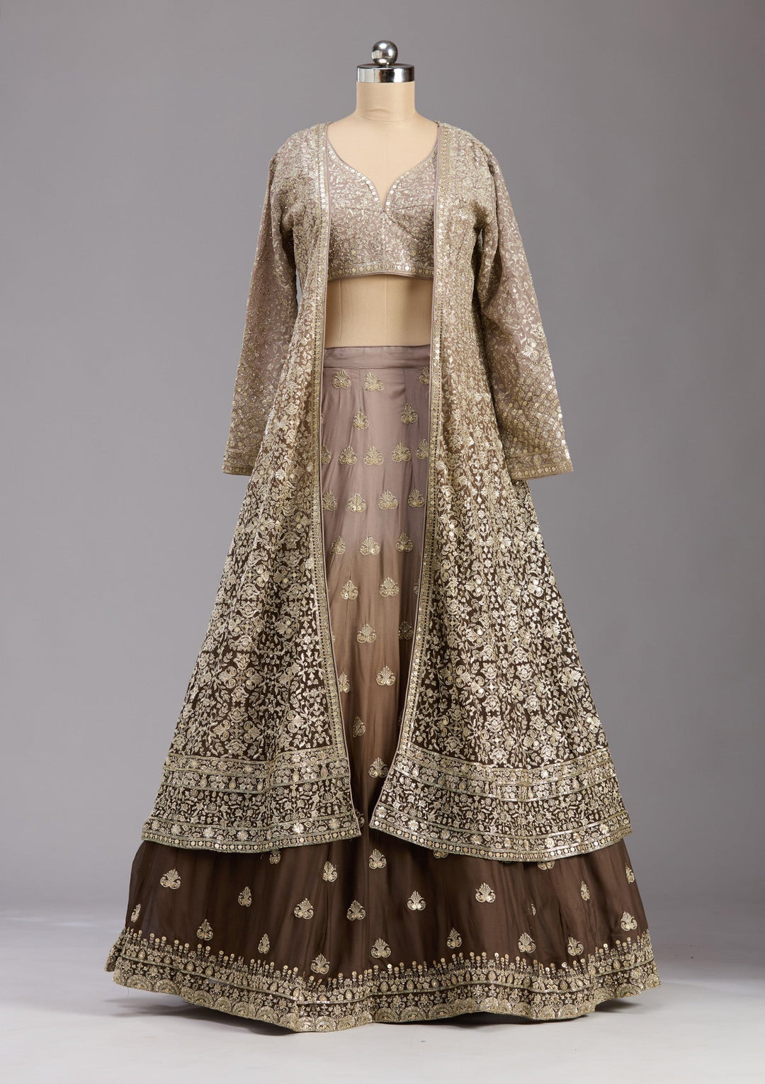 Brown Zardozi (Gold) Georgette Readymade Lehenga-koskii