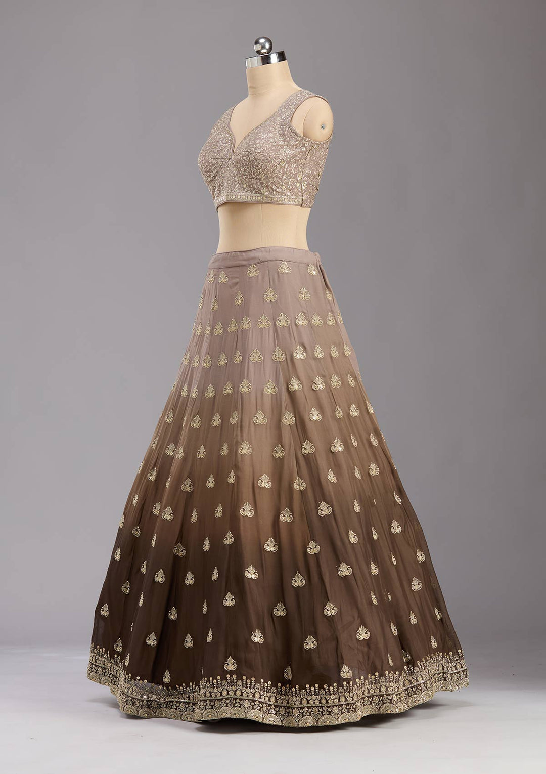 Brown Zardozi (Gold) Georgette Readymade Lehenga-koskii