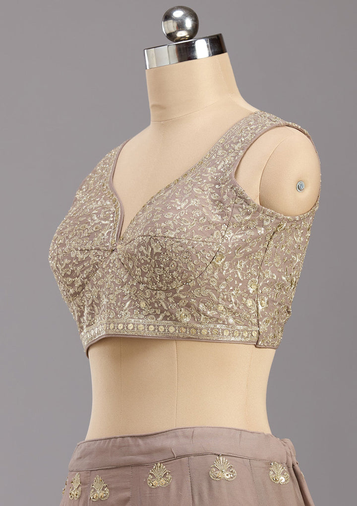 Brown Zardozi (Gold) Georgette Readymade Lehenga-koskii