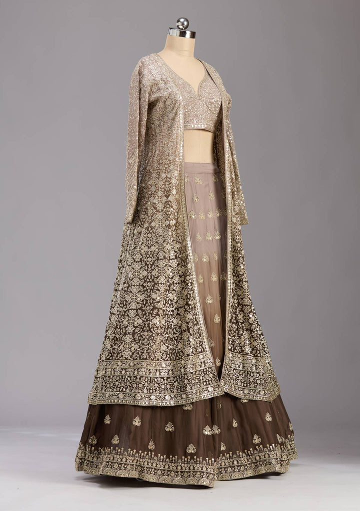 Brown Zardozi (Gold) Georgette Readymade Lehenga-koskii