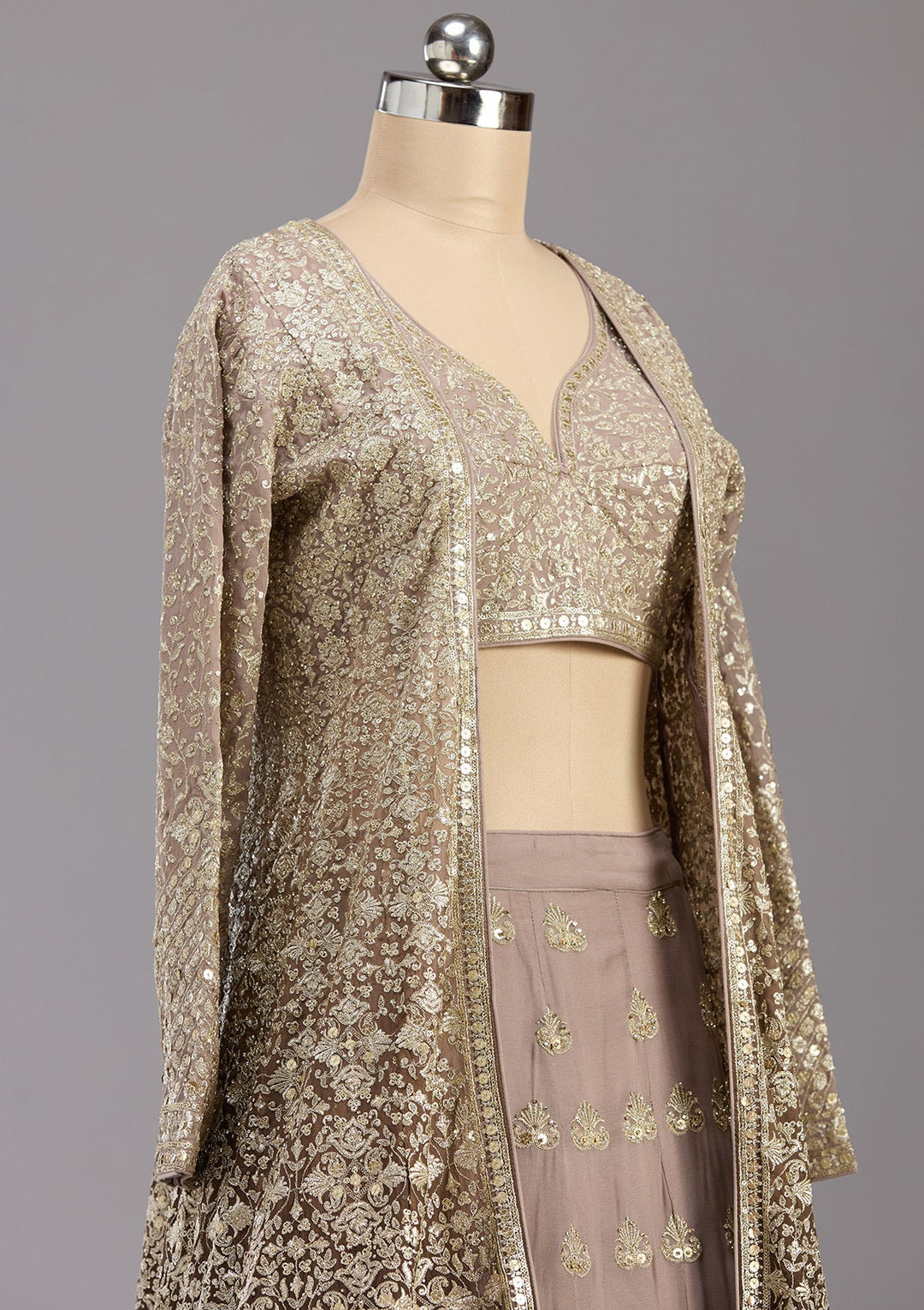 Brown Zardozi (Gold) Georgette Readymade Lehenga-koskii