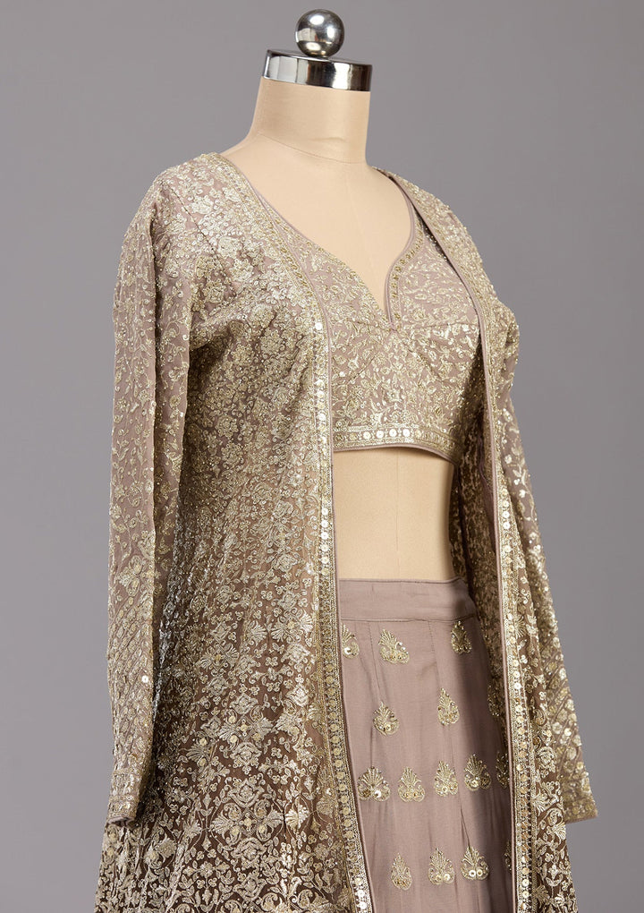 Brown Zardozi (Gold) Georgette Readymade Lehenga-koskii