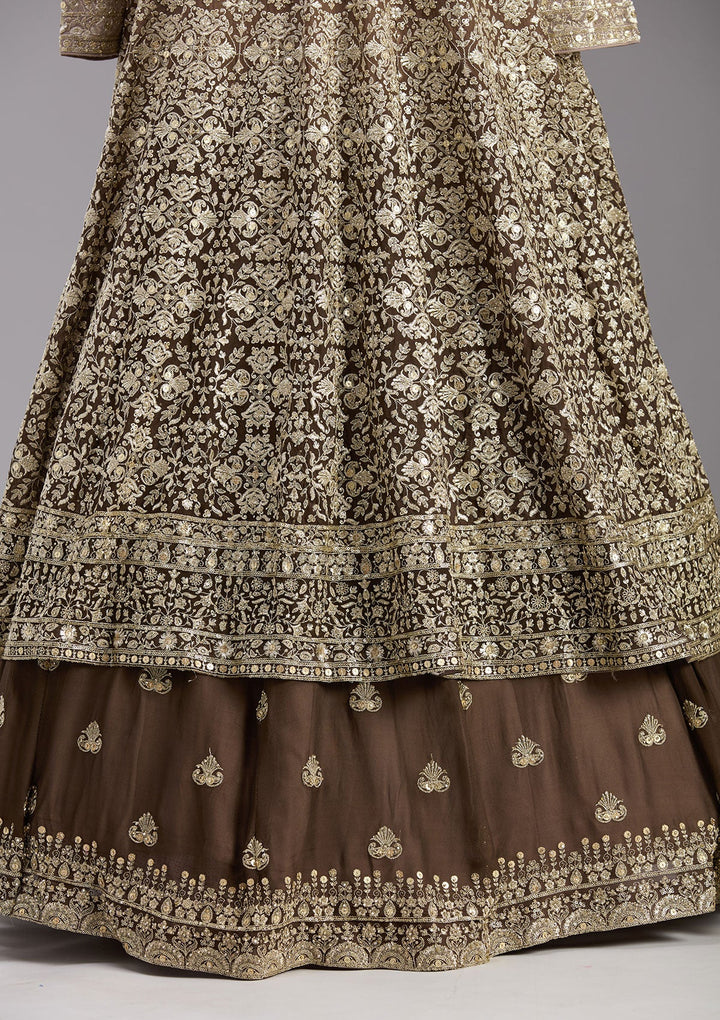 Brown Zardozi (Gold) Georgette Readymade Lehenga-koskii