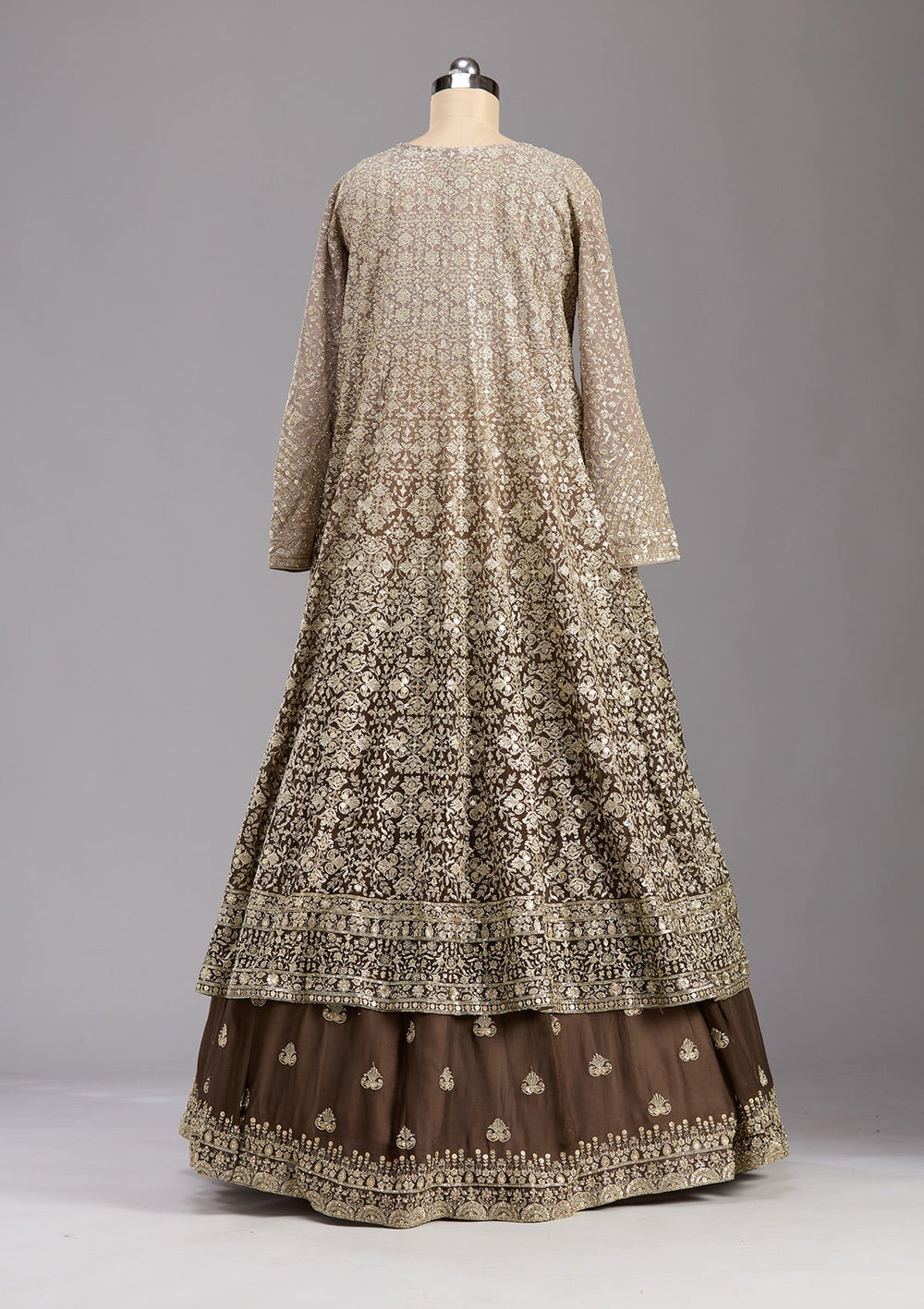 Brown Zardozi (Gold) Georgette Readymade Lehenga-koskii