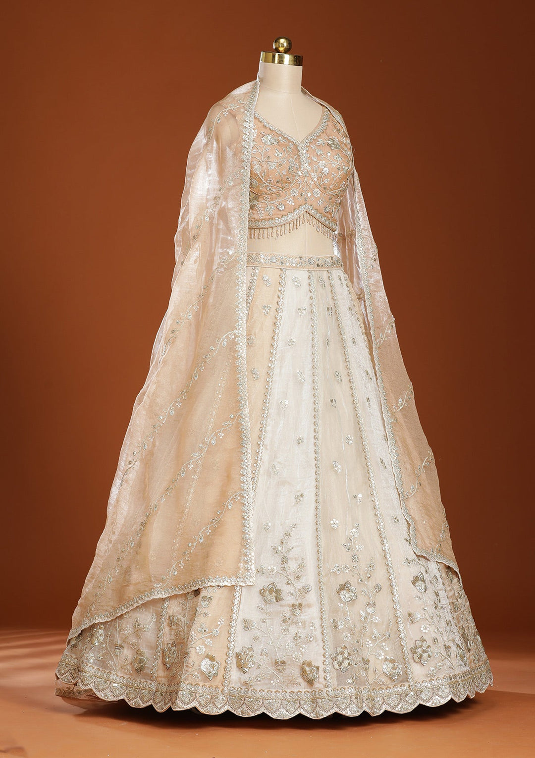 Off White Zariwork Organza Readymade Lehenga-koskii