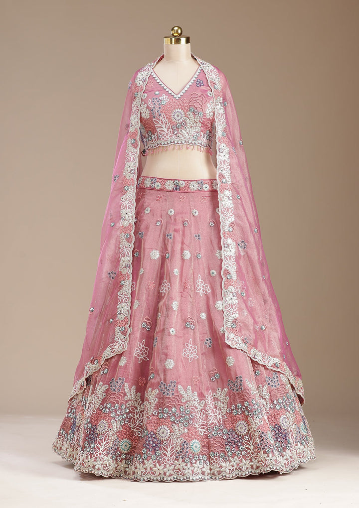 Pink Threadwork Organza Readymade Lehenga-koskii