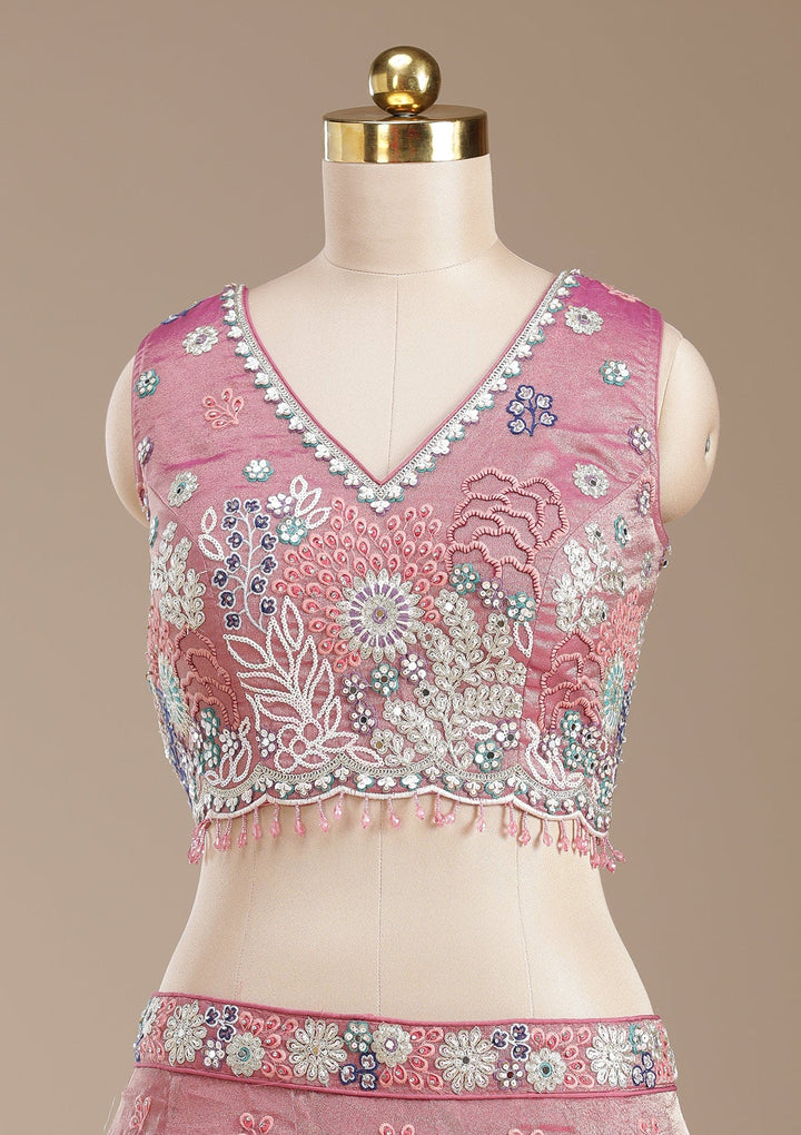 Pink Threadwork Organza Readymade Lehenga-koskii