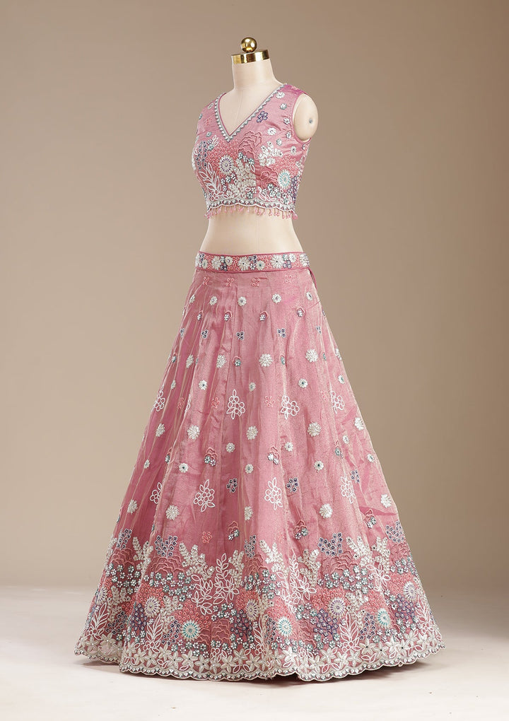 Pink Threadwork Organza Readymade Lehenga-koskii