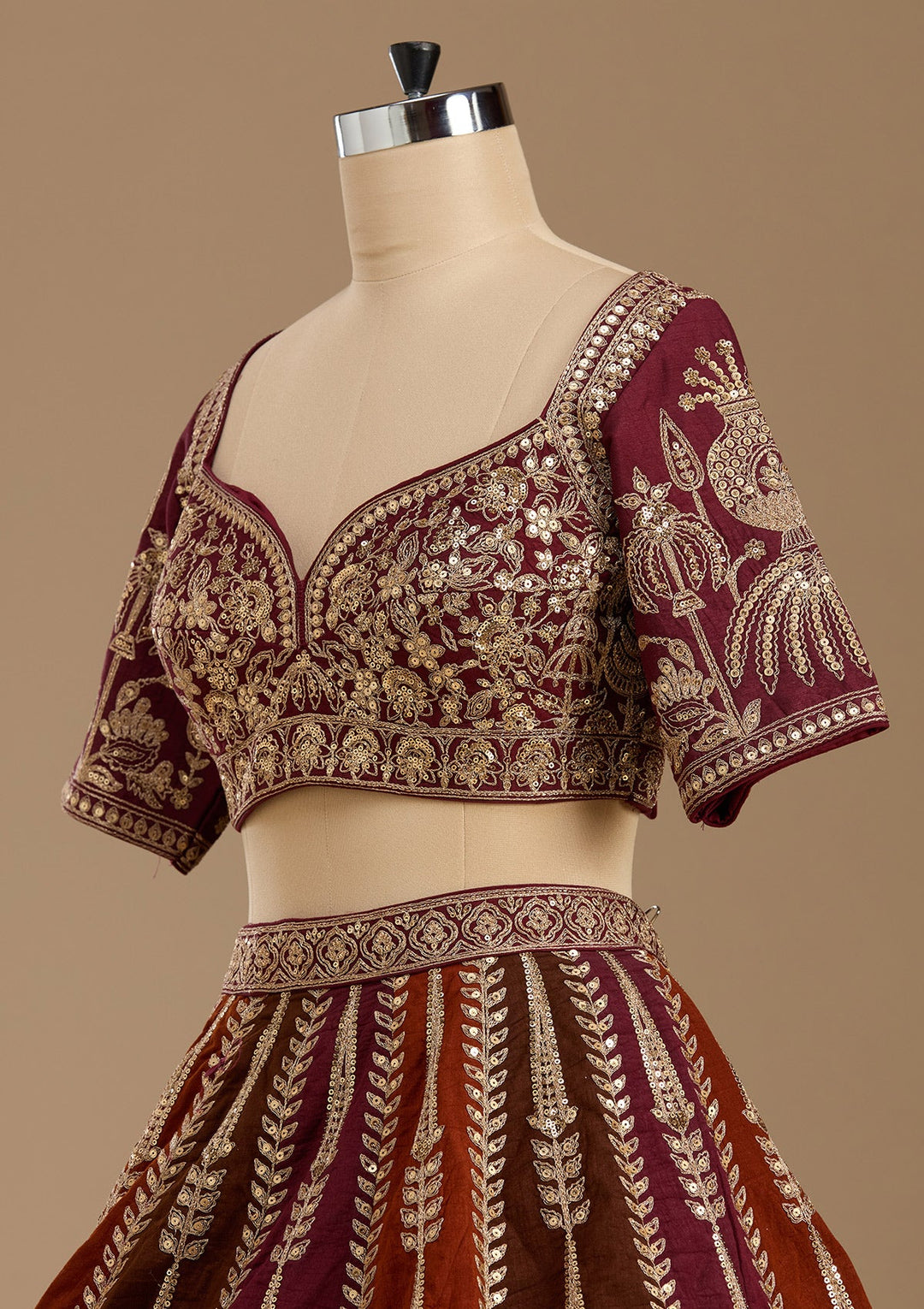 Maroon Cording Raw Silk Readymade Lehenga-koskii