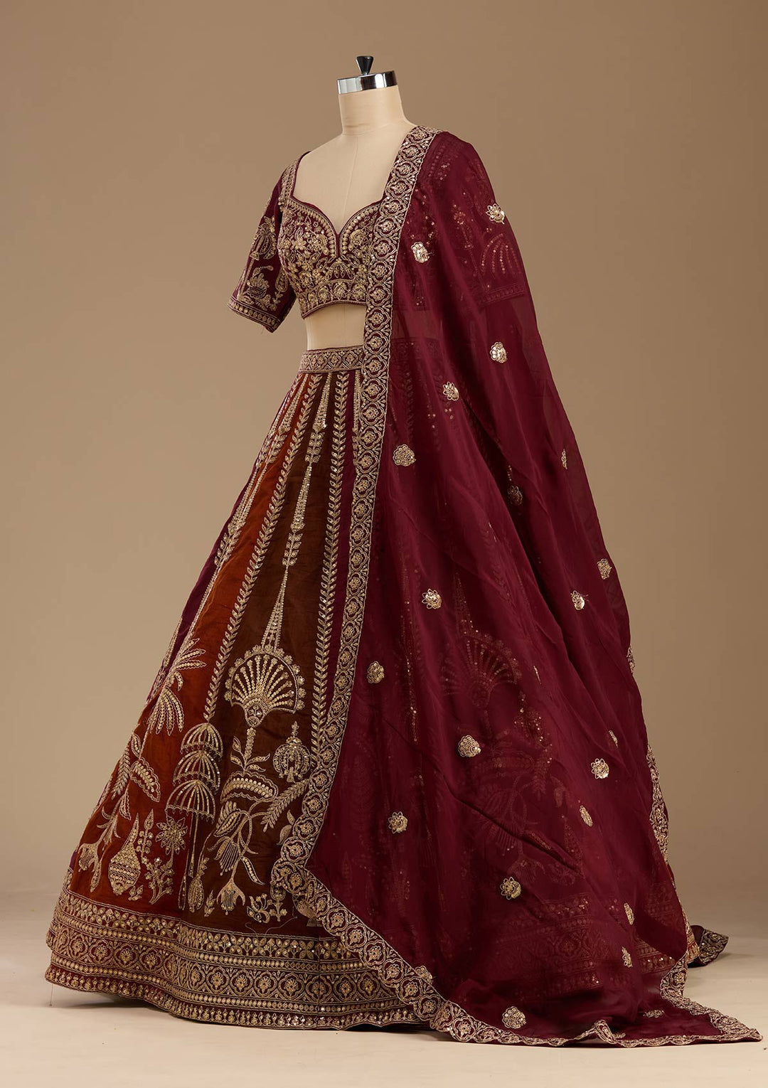 Maroon Cording Raw Silk Readymade Lehenga-koskii